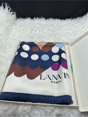 Lanvin Silk Scarf in Navy, Brown, White, Light Blue & Magenta with original box